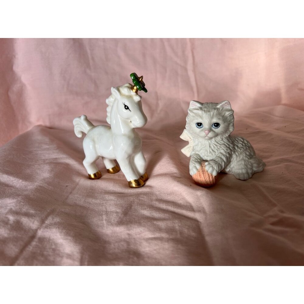 Vintage unicorn with shamrock horn and Homeco cat figurines